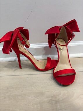 Lulu's Red Satin Bow Ankle-Strap Stilettos